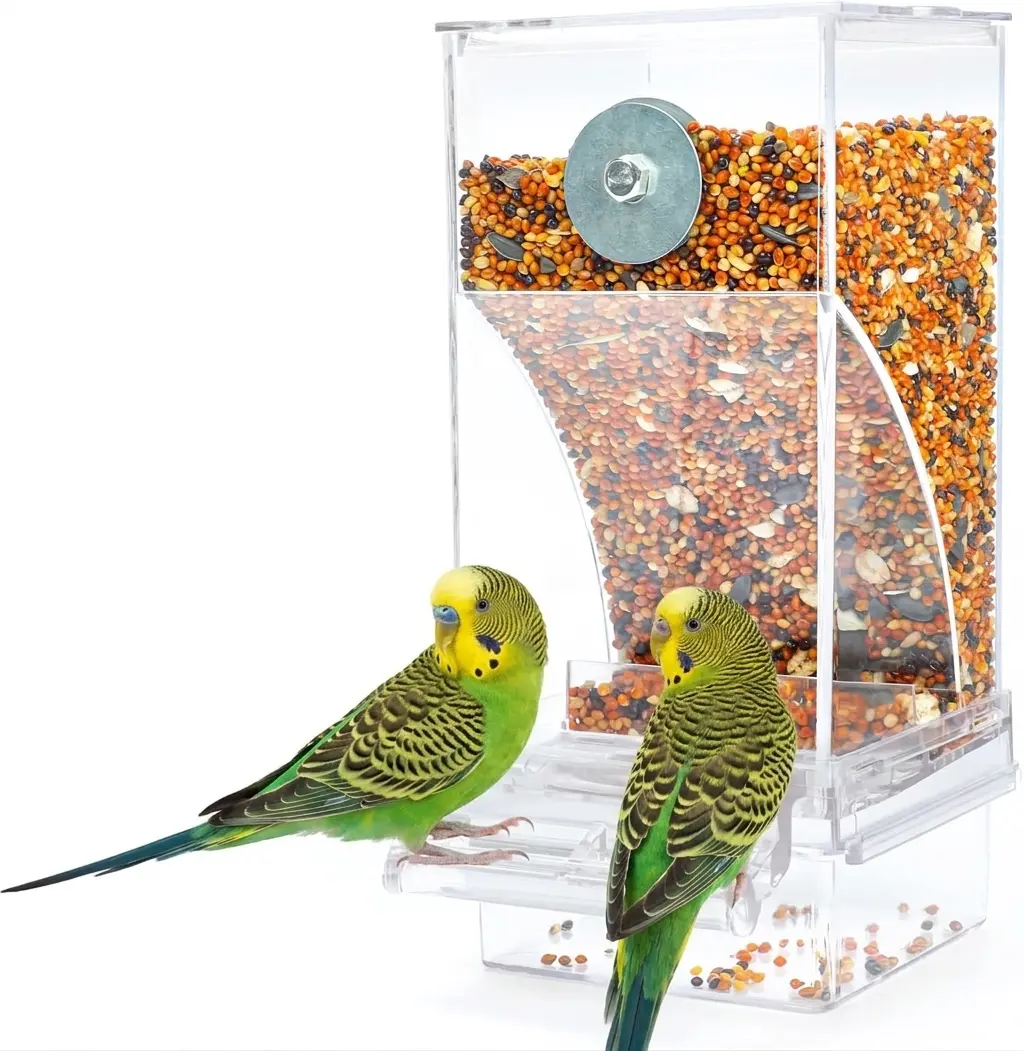 Upgraded Automatic Bird Feeder for Parrots Cockatoos Canaries - Transparent Acrylic Bird Cage Food Dispenser, Durable Easy to Use Bird Feeding Station