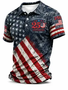 Patriotic American Flag Polo Shirt for Men in Navy Blue Digital Camo, American 250th Anniversary 1776 2026 Polo Shirt for 4th of July Gifts