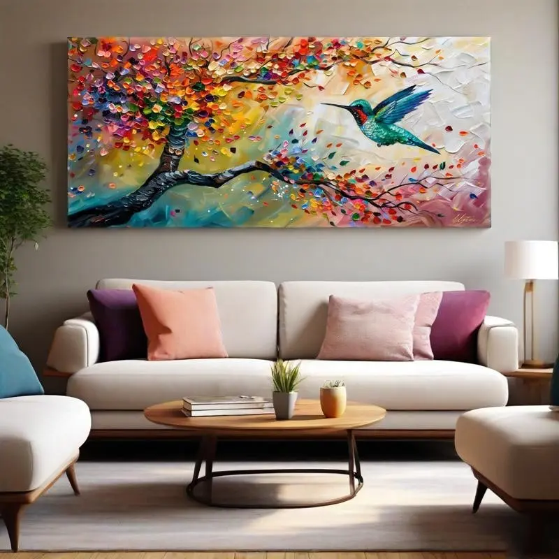 Frameless Abstract Artistic Colorful Graffiti Tree Hummingbird Landscape Canvas Painting Unframed Wall Art Impressionism Poster Print Living Room Home Decor