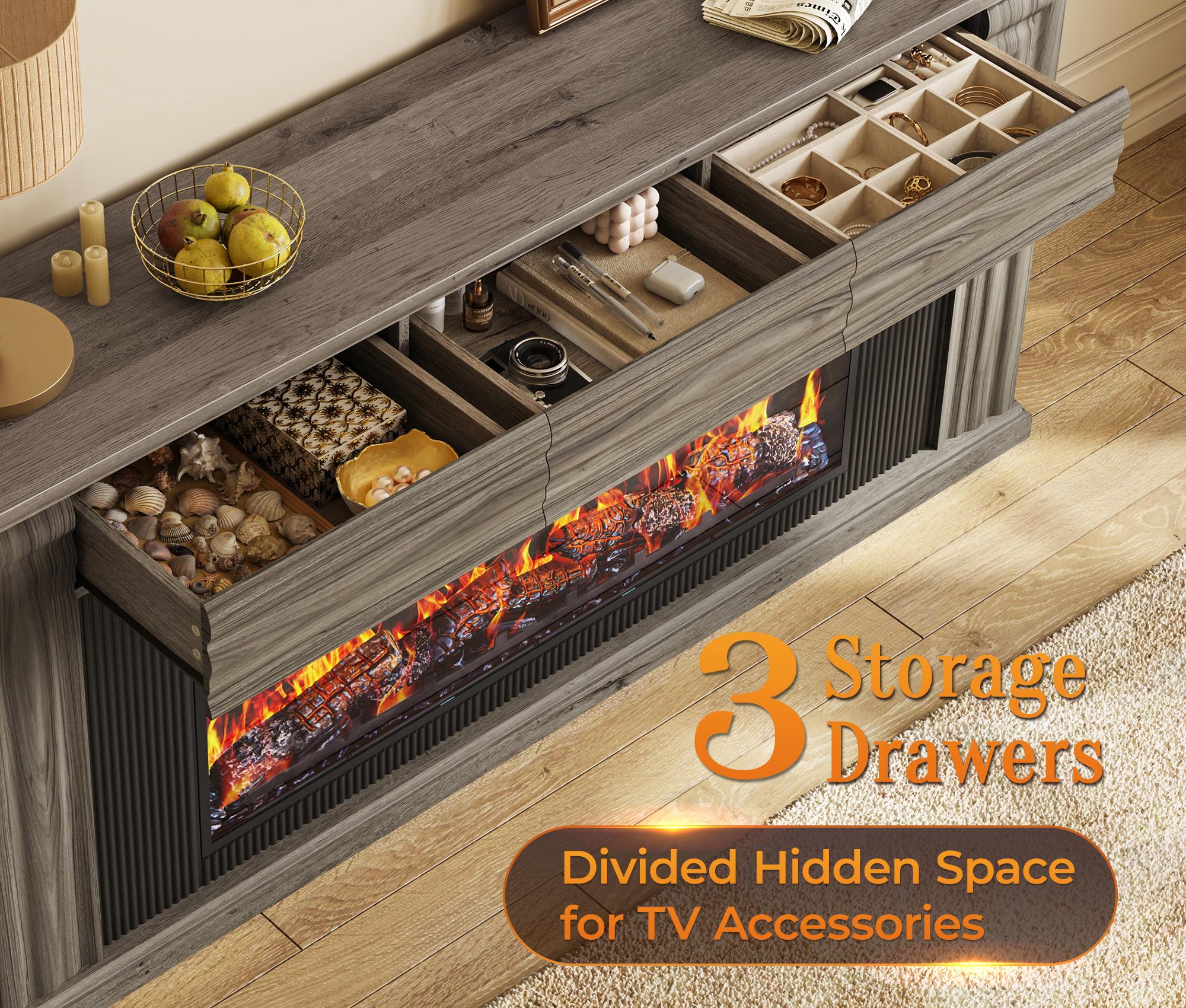 【2 Packages Shipping】PRAISUN 70'' Fireplace TV Stand with 42'' Electric Fireplace, Farmhouse TV Stand for 65 75 Inch TV, Entertainment Center TV Console with 3 Drawers, Fluted Design, for Living Room