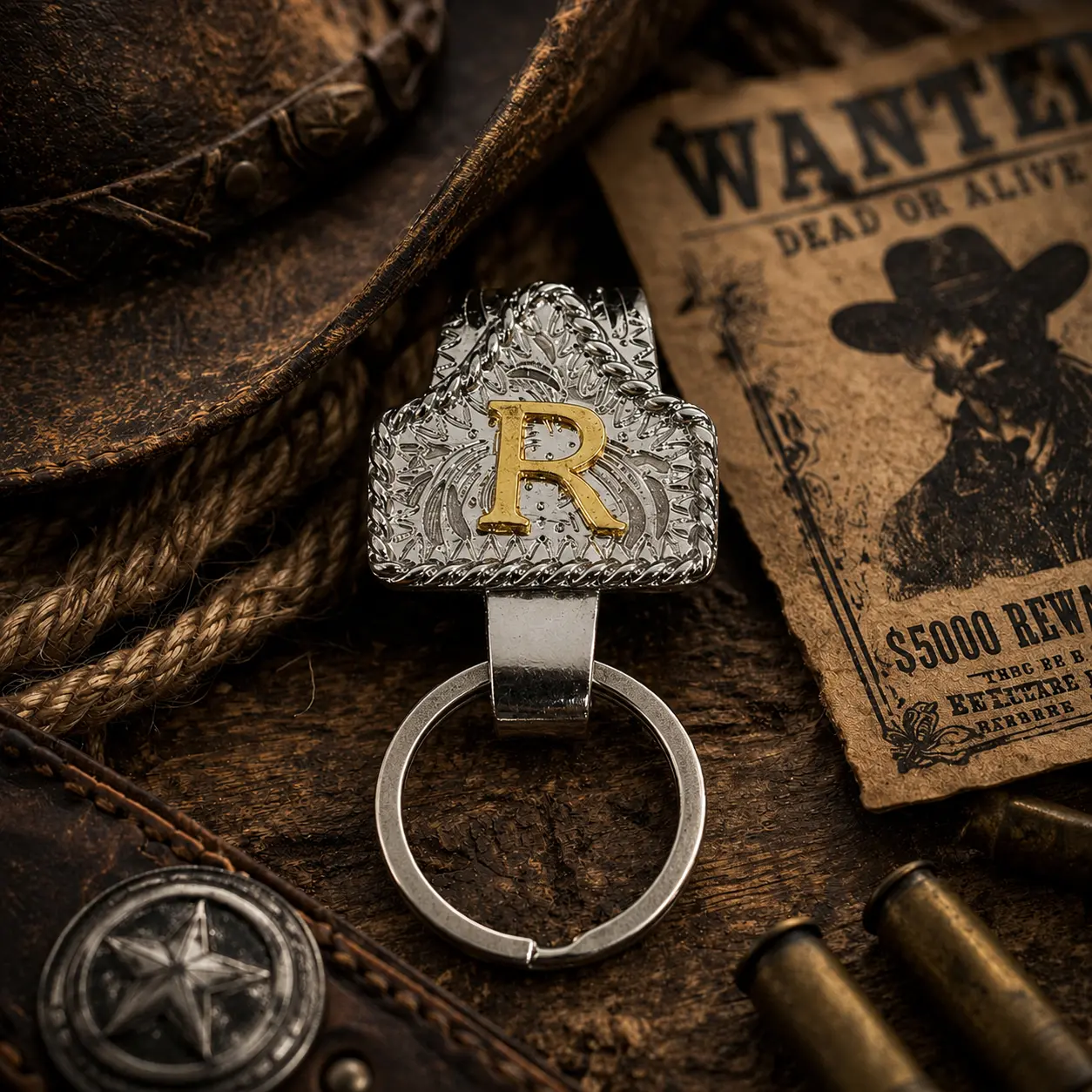 Silver Handmade Leather Cow tag Keychain (Inlaid Brass Initials) - Unisex Custom Western-Style Key Fob, Texas Cowboy-Inspired Design, Ideal for Bags, Keys, and Gifting