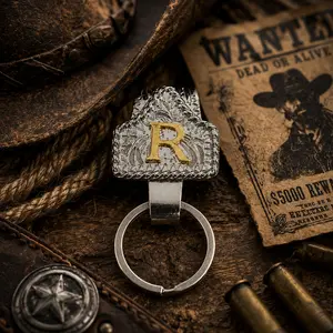 Silver Handmade Leather Cow tag Keychain (Inlaid Brass Initials) - Unisex Custom Western-Style Key Fob, Texas Cowboy-Inspired Design, Ideal for Bags, Keys, and Gifting