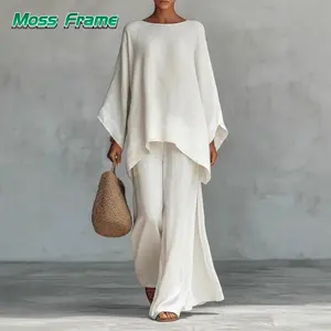 Women's Minimalist 2-Piece Set, Linen-Blend Loose Button-Down Shirt and Wide-Leg Pants Casual Outfit, Women's Clothes, Two Piece Set