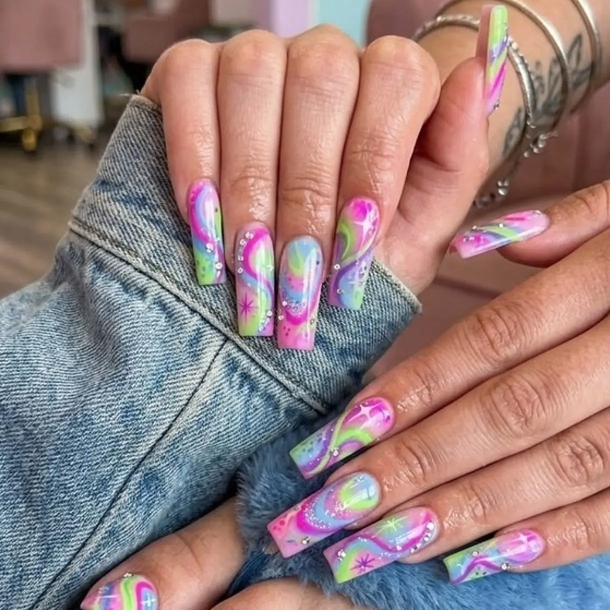 Pernell Home Pastel Aura Swirl Press On Nails | Pink Green Marble Design, Glitter Chrome Accent, Y2K Retro Candy Style