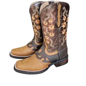Women's Classic Rodeo Honey Leather Embroidered Flowers Boots Girl