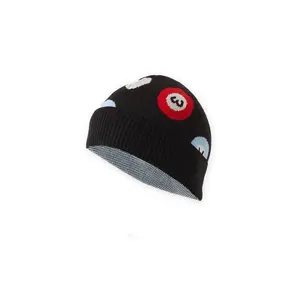 Stylish Black Knit Beanie with Billiard Ball Pattern