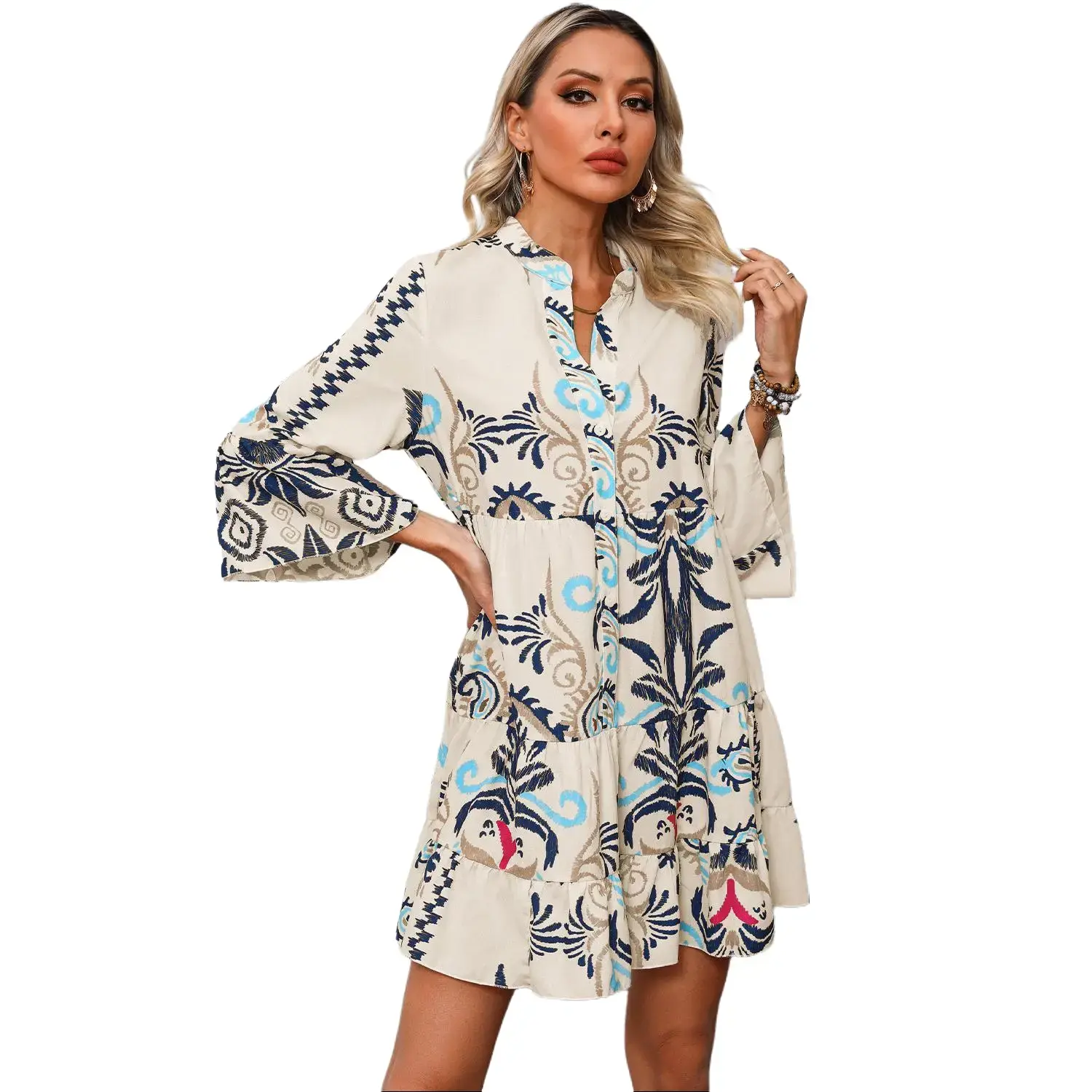 White Printed Tribal Bracelet Sleeve Buttoned Mini Dress