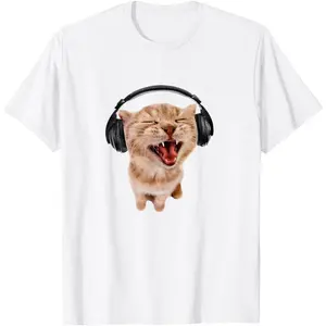 Silly Cat With Headphones T-Shirt Casual