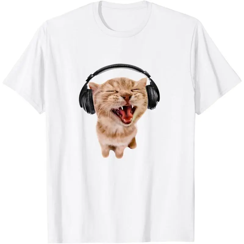 Silly Cat With Headphones T-Shirt Casual