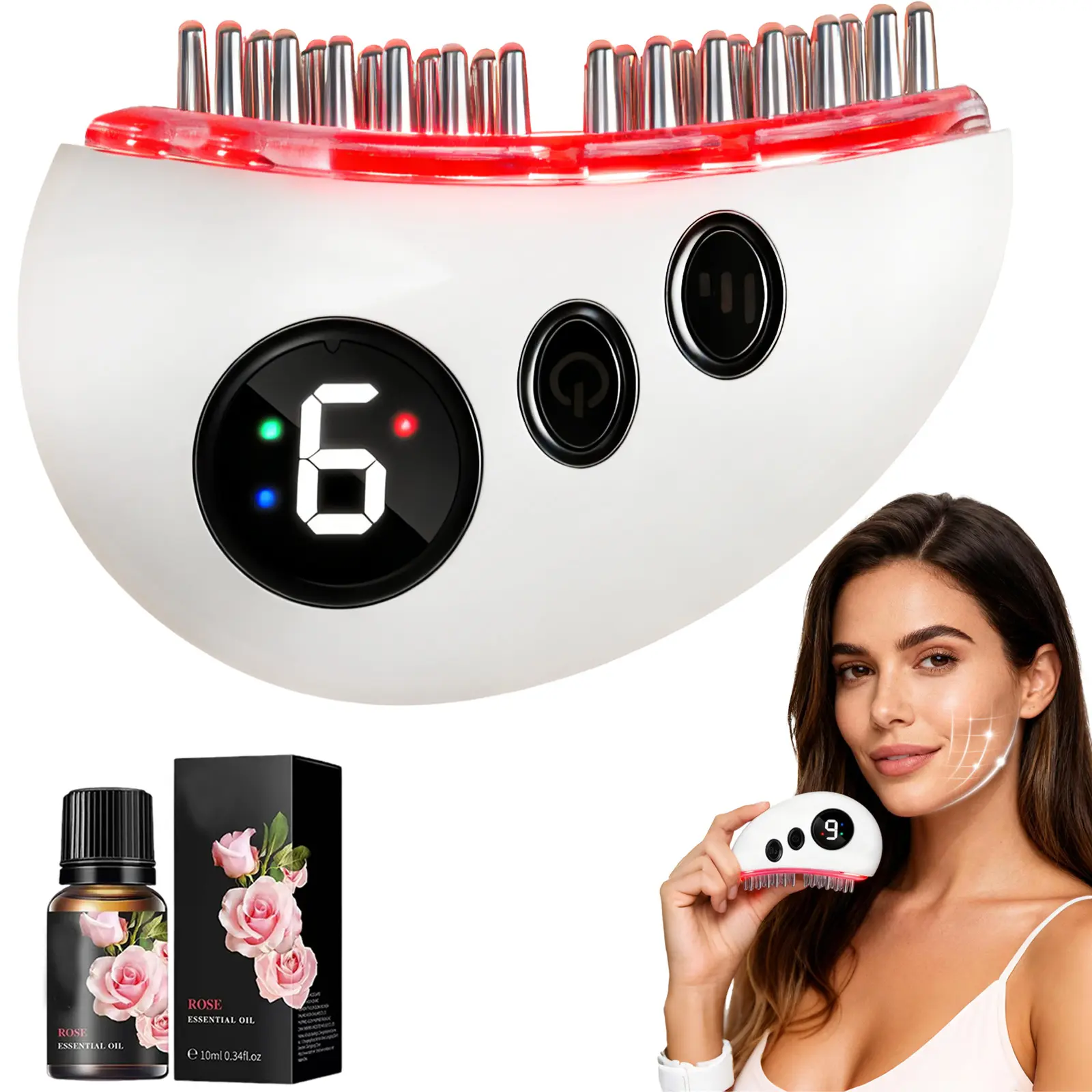 Electric Lymphatic Contour Face Brush Massager with Metal Tines - 9-Level Warm Heating (45°C-55°C), Adjustable Speed Vibration & Scraping, Oil Absorption Boost, Jawline Sculpting, Muscle Recovery, At-Home Spa Tool