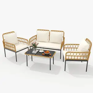【Garvee】4-Piece Outdoor Wicker Patio Bistro Set All-Weather Rattan with Glass Top Coffee Table,  BeigeTable & Loveseat & 2 Armchairs Chairs Cushions,Boho Balcony Furniture for Backyard, Garden,Beige