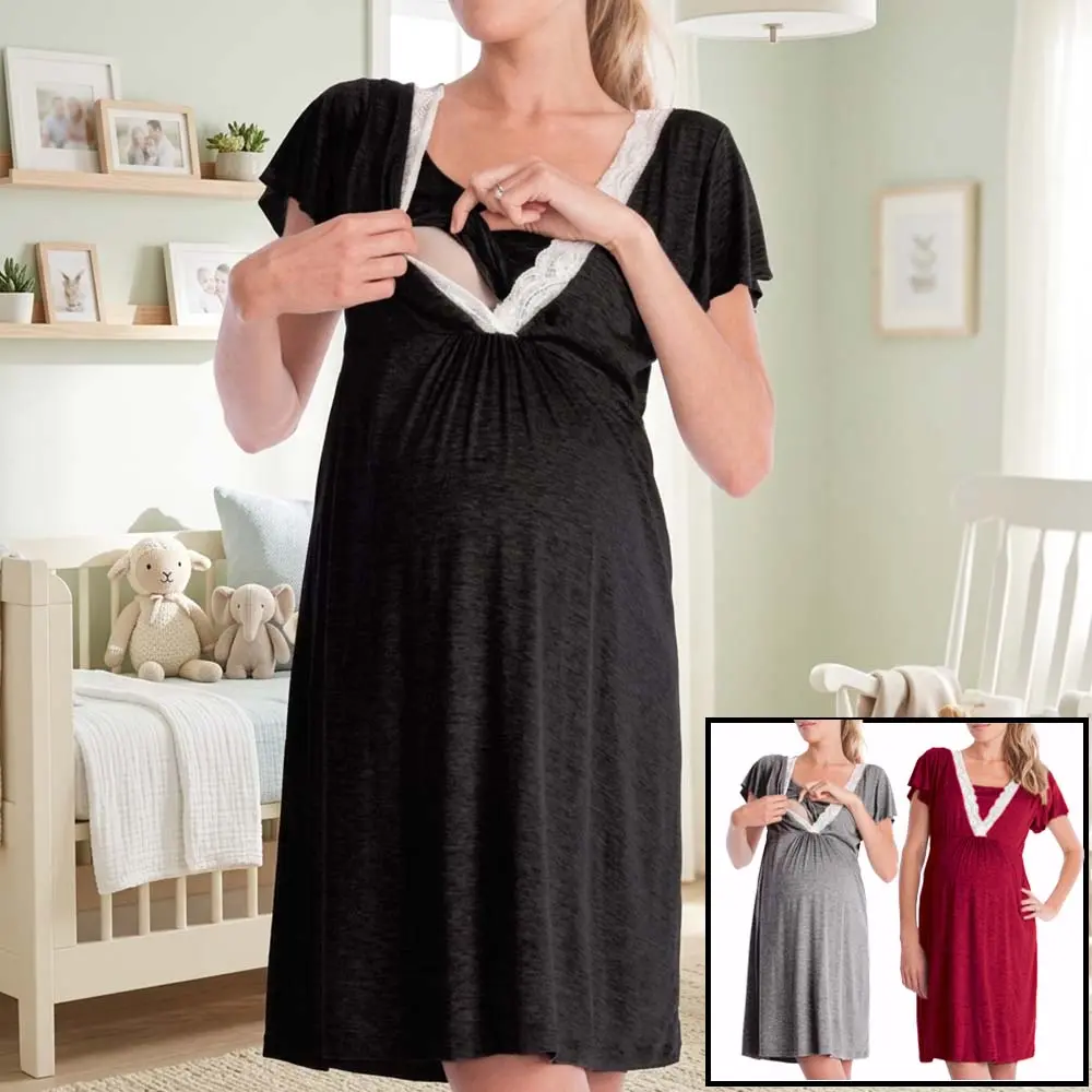 DOSMINE Maternity Nursing Nightgown, Ruched Lace V-Neck Hospital Gown, Soft Nursing Clothes for Labor, Delivery, and Postpartum, Postpartum Clothes, Nursing Cover Up For Breastfeeding