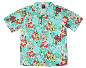 SpongeBob Squarepants Men's Character Hawaiian Floral Button-Up Short Sleeve Woven Shirt