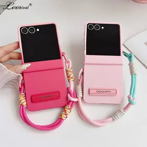 Double Color Contrast Lanyard Matte Case for Samsung Galaxy Z Flip 7 6 5 4 3 Zflip Hand Wrist Strap Bracket Stand Hard PC Cover