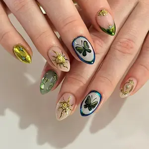 Elegant Almond Nail Shape Press-On Nails, Butterfly Nails, Glossy Finish Medium Length Design, Perfect for Girls' Party & Daily Wear