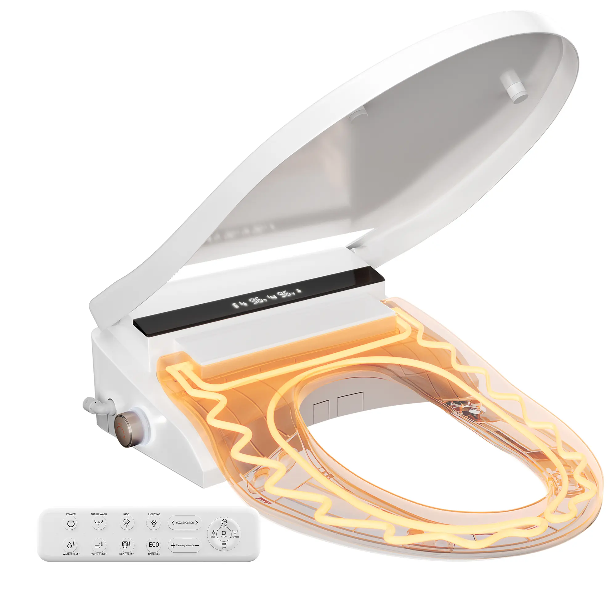 Electric Smart Toilet Seat, Intelligent Nozzle Bidet Seat with Adjustable Instant Warm Water and Warm Dryer, Quiet Slow Close Non-Slip Round Toilet Seat in White with LED Display, Night Light