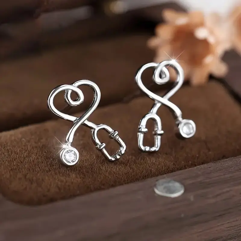 Silver Plated Heart Stethoscope Stud Earrings, Medical Themed Nurse Doctor Earrings with CZ, Dainty Healthcare Worker Jewelry