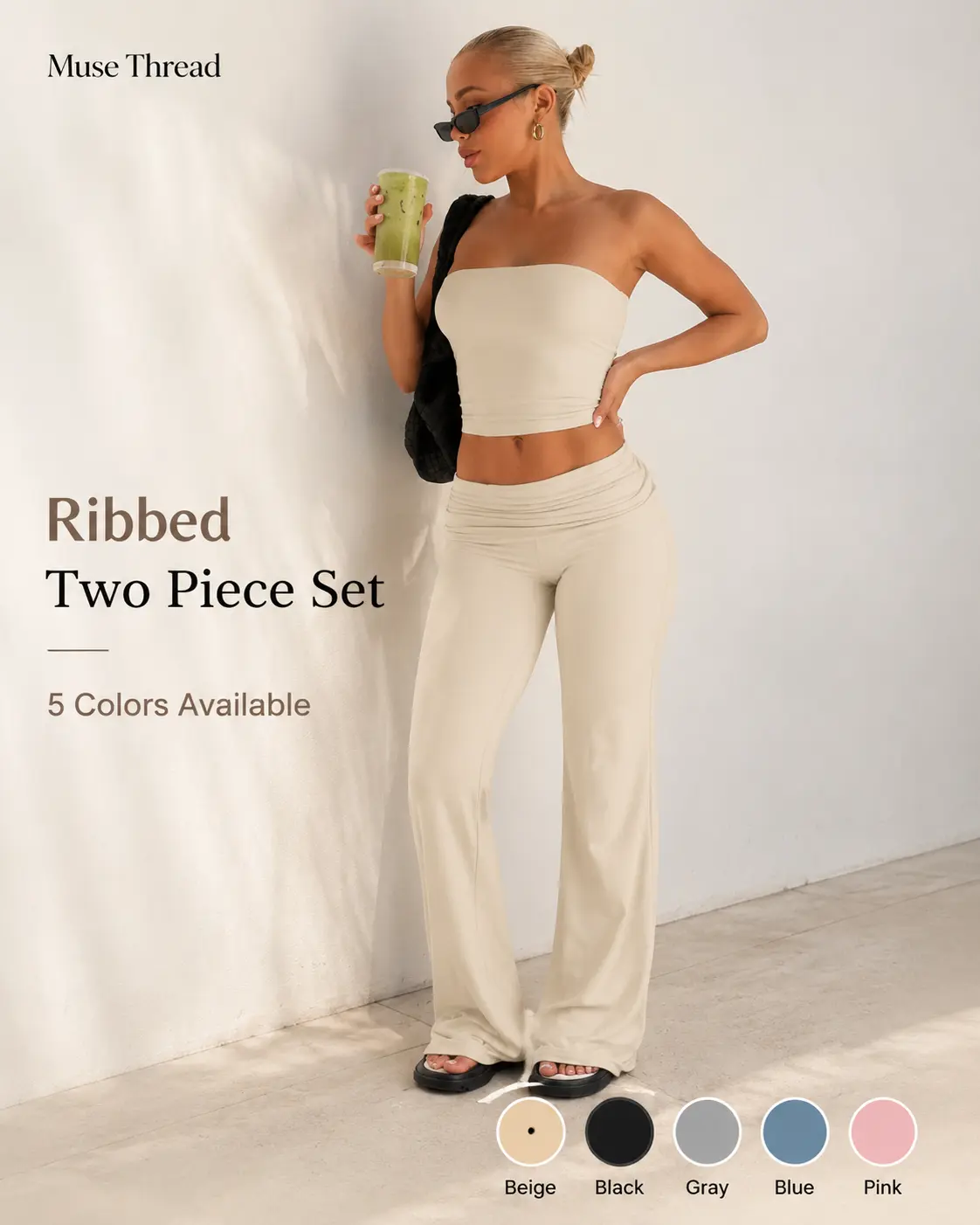 Muse Thread Women’s Ribbed Two Piece Set, Strapless Tube Top & Flare Pants Matching Outfit, Casual Summer Lounge Set, 5 Colors Available