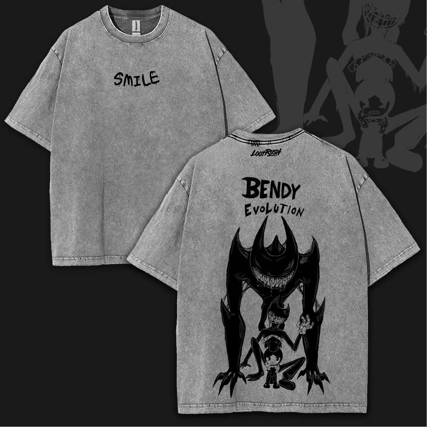 Bendy Evolution Washed Vintage Oversized Tee – Heavy Cotton Horror Game Streetwear Collector Drop