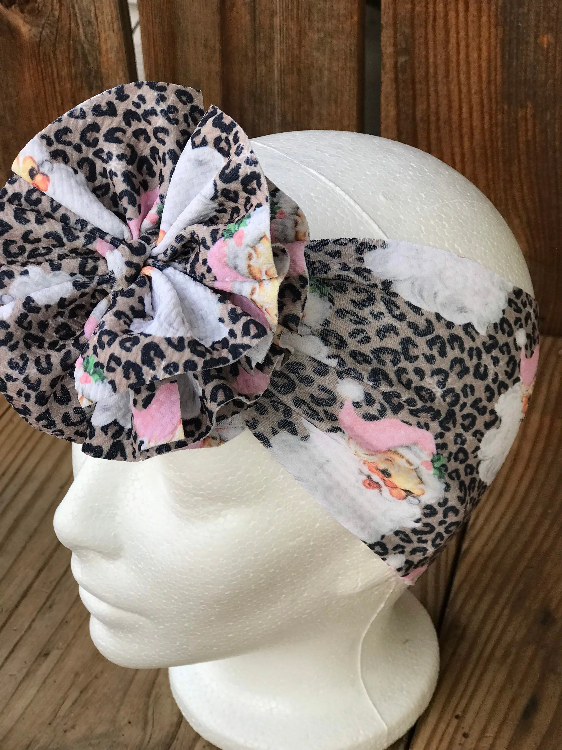 Pink Santa Messy Headwrap, Shredded Bow, Leopard Christmas Baby Girl Headband, Messy Bow, Toddler Head Wrap with Big Bow, Pigtail bows