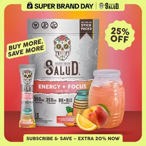 Salud 2-in-1 [Energy + Focus – Peach Lemonade] Clean Energy Drink Mix, Agua Fresca,  Organic Caffeine, B6 & B12, L-Theanine, Drink Packets, Non-GMO, Gluten Free, Vegan, Low Calorie, 1g Sugar (15 Servings)