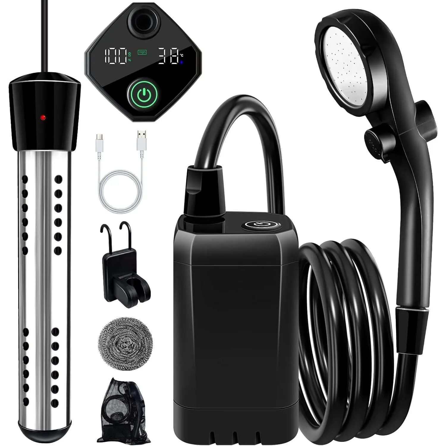 Portable Shower with Heater,   Portable Shower for Camping with 2000W Auto-Off Heater,Portable Heated Shower for Camping,Digital Power&Temperature Display for Hiking
