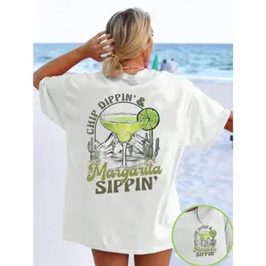 Chip Dip Dippin Margarita Sippin Graphic Tee Women Oversized Vintage Wash Short Sleeve Crewneck Summer Beach Vacation Casual Trendy Shirt