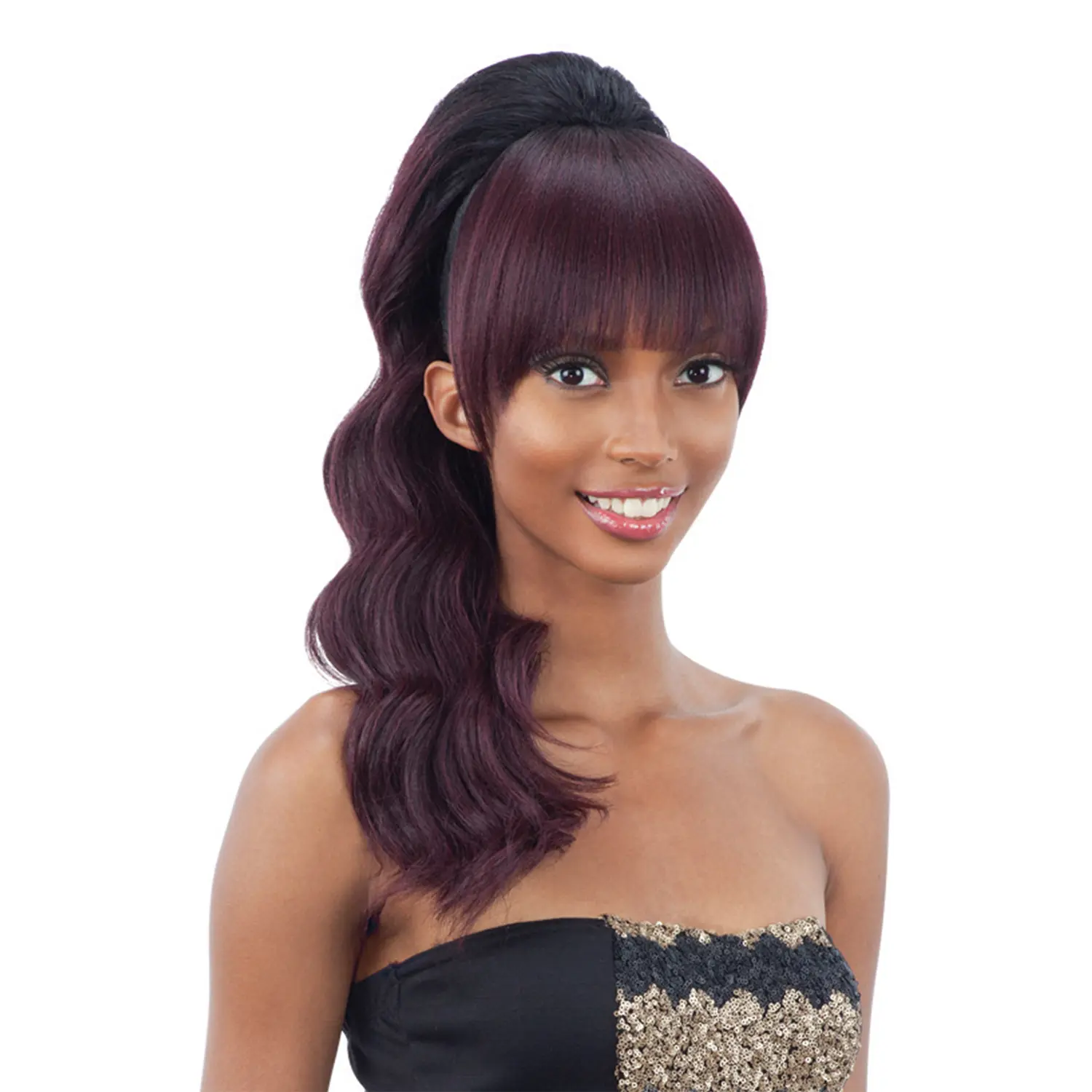 FreeTress Equal Loose Deep Fake Ponytail and Bangs, 2-Piece Synthetic Hair Pieces Set with Drawstring Cap, Fake Ponytail Synthetic Extensions & Pieces