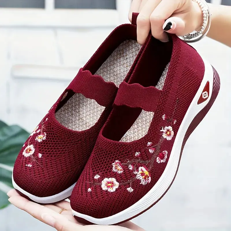 Rain Core Women's Knit Slip-On Sneakers Floral Embroidered Low-Top All-Season Lightweight Casual Shoes with Charming Embroidery and Dreamy Comfort Flat Slip On Style