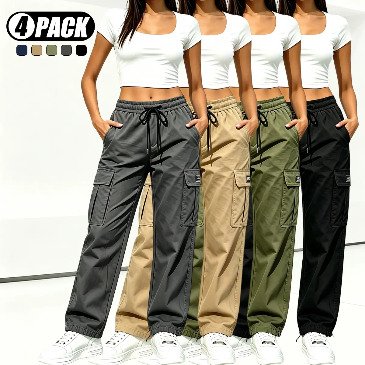 Multi-pack women’s fashion casual trendy solid-color cargo pants with drawstring waist and large pockets, suitable for sports, street wear, and everyday outfits. Women’s cargo pants, cargo long pants, women’s long pants.