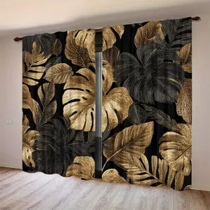 Vintage Dark Plant Leaf Print Curtains Set, Window Curtain, Half-Transparent Polyester, Top Rod Pocket Design, Suitable for Bedroom Living Room Dining Room