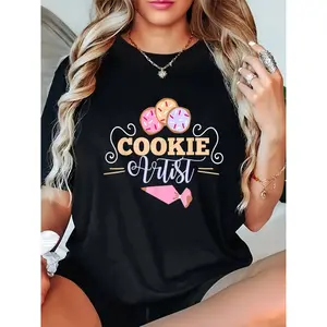 Womens Cotton Short Sleeve Graphic Tee Cookie Artist Cute Baking Theme Shirt Soft Breathable Crew Neck Casual Top For Bakery Lovers Home Baker Gifts