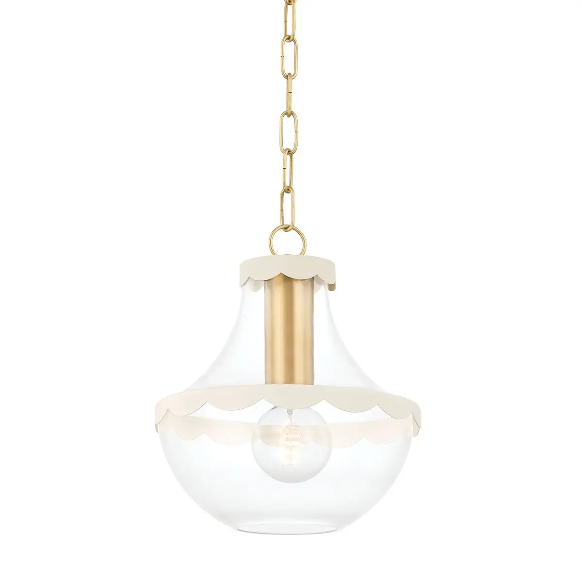 Alaina Pendant Light With Cream Scalloped Trim And Aged Brass Details, Bell-Shaped Design