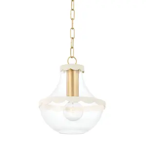 Alaina Pendant Light With Cream Scalloped Trim And Aged Brass Details, Bell-Shaped Design