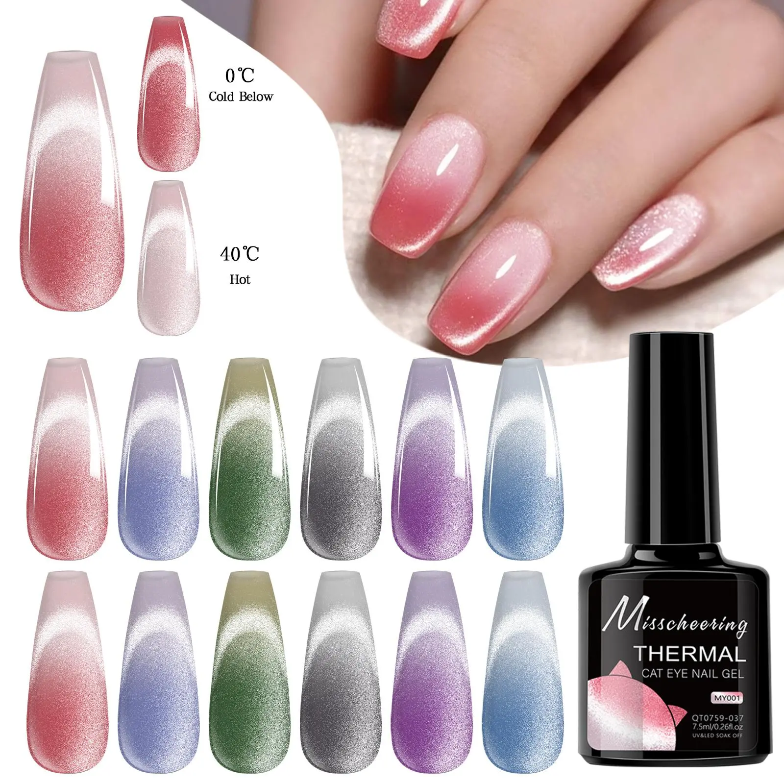 Thermal Cat Eye Nail Gel Polish 2 Layers Temperature Shiny Color Changing Series Semi Permanent Soak Off UV Nail Magnetic Gels
