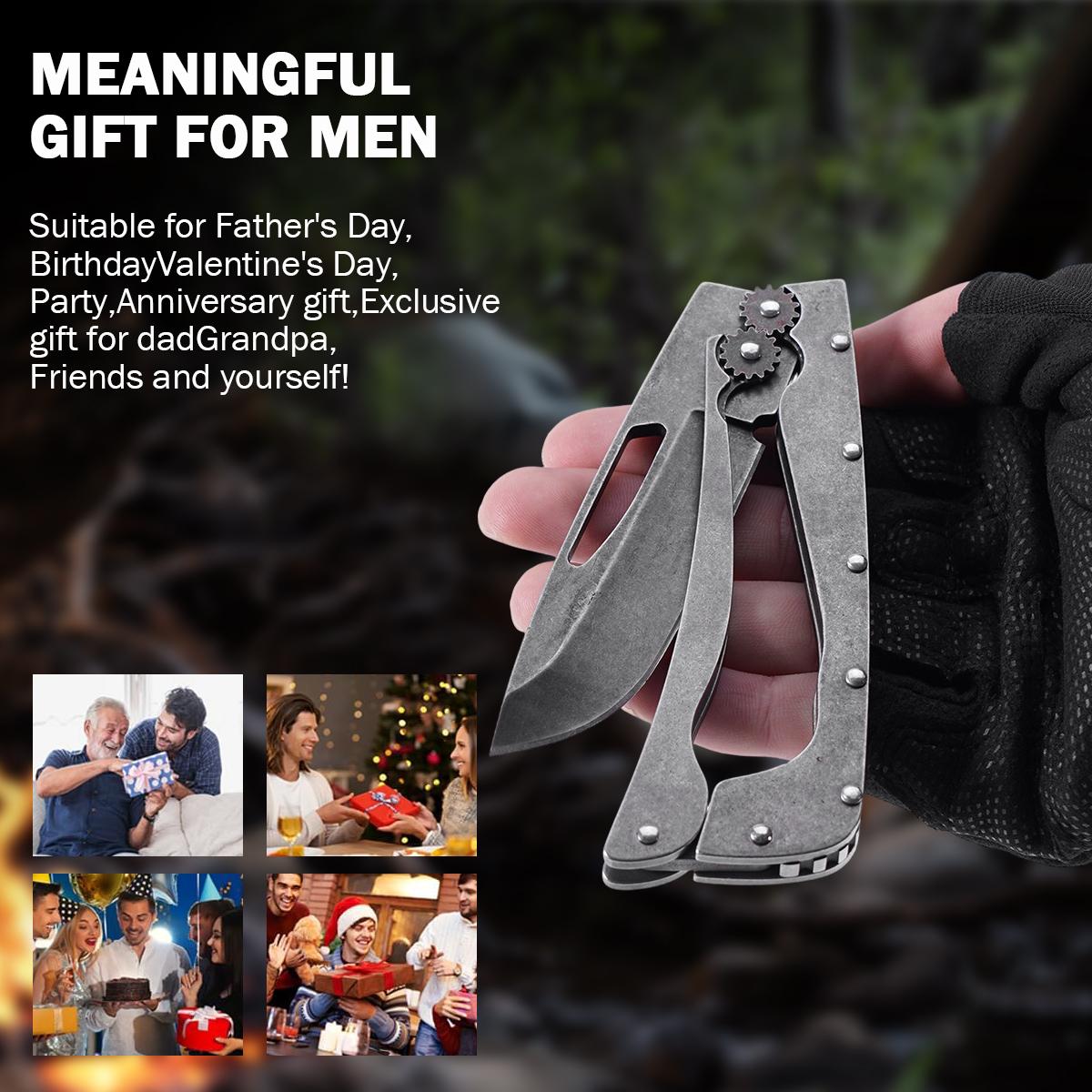 EDC Gear Mechanism Folding Pocket Knife，Tactical Stonewashed Gear Folding Knife, Must-Have Survival Gear for Outdoor Adventures