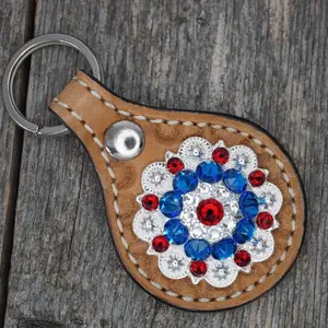 Light Oil Key Chain with Red, White, and Blue European Crystal Concho