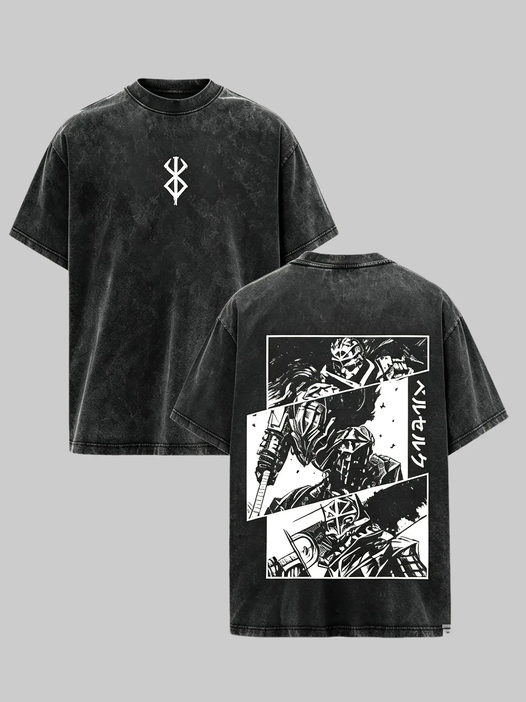 Vintage Acid Washed Berserk Guts Graphic Tee Oversized Baggy Streetwear T-Shirt Black White Manga Panel Print Grunge Y2K Harajuku Casual Anime Top For Dark Manga Otaku Fans