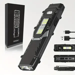Rechargeable EDC Slim Flashlight with triple light source design: warning red light, UV black light and white LED side light. It delivers 1500 lumens of brightness, making it a portable pocket light ideal for outdoor emergencies.