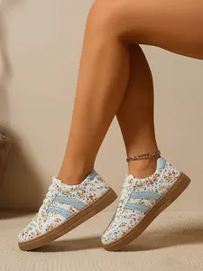 Women's Ditsy Floral Print Lace-Up Sneakers, Retro Casual Flat Walking Shoes with Sparkle Stripes for Street Style, Daily Commute and Casual Outings