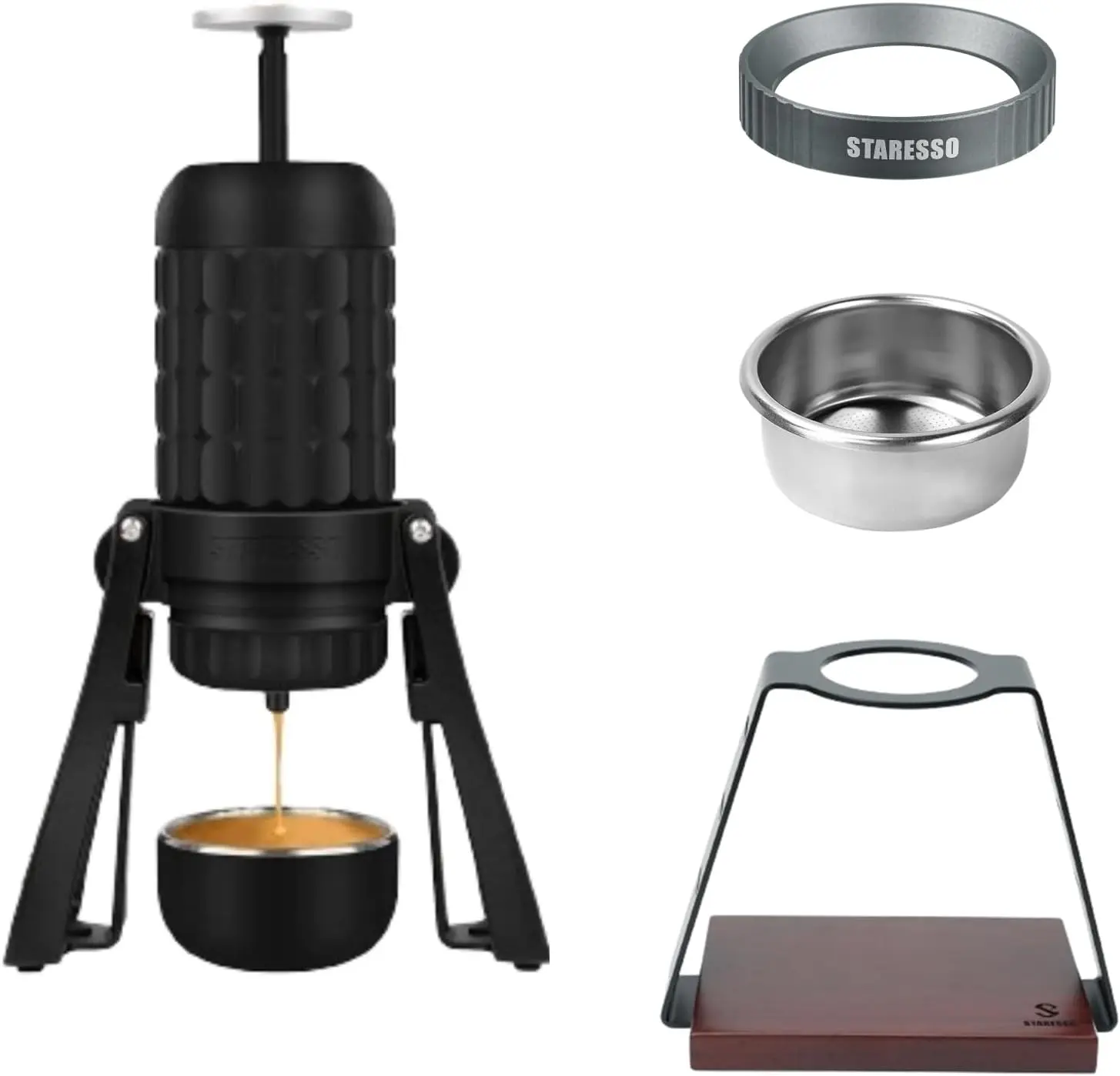STARESSO Plus Portable Coffee Maker Set with 53mm Silicone Dosing Funnel & Bottomless Portafilter Expansion Stand