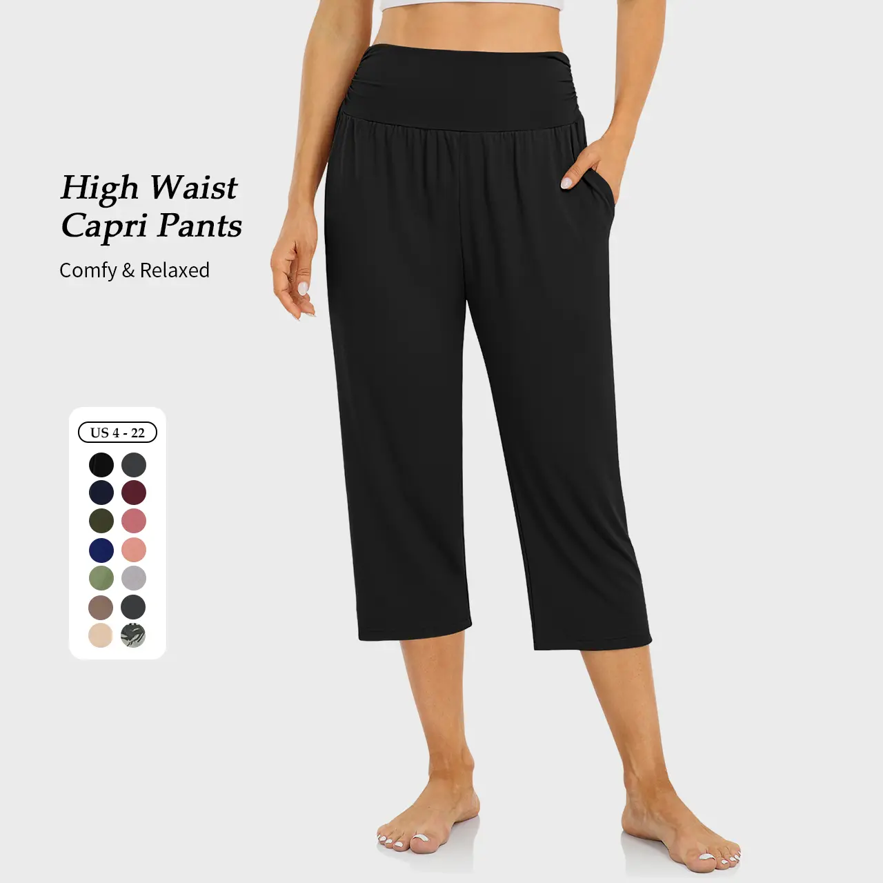 【S-3XL】UEU Women's Capri Pants Summer Loose Yoga Pants Comfy Workout Cropprd Pants with Pockets Minimalist Bottom