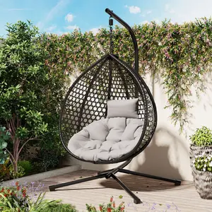 Swing Egg Chair with Stand UV Resistant Waterproof Cushion Headrest Indoor Outdoor Patio Rattan Basket Hanging Chair Lounge Hammock Chair for Balcony Bedroom Garden