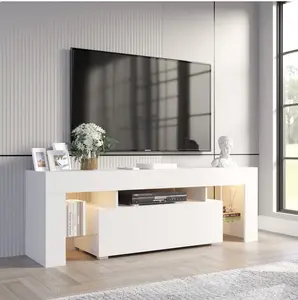 70 Inch TV Stand with Remote LED Lights, White/ Black Modern Entertainment Center - Soft-Close Drawers & Adjustable Shelves for Living Room