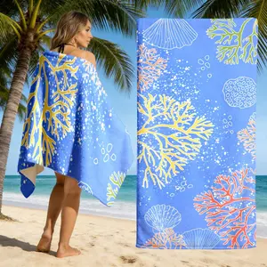 1pc Beach Towel with Oceanic Coral and Shell Pattern on Blue BackgroundPolyester Beach Towel Lightweight Easy to Carry Quick Drying Comfortable Fitness Outdoor Activities Beach Camping Summer Gift Yoga Beach Camping Swimming