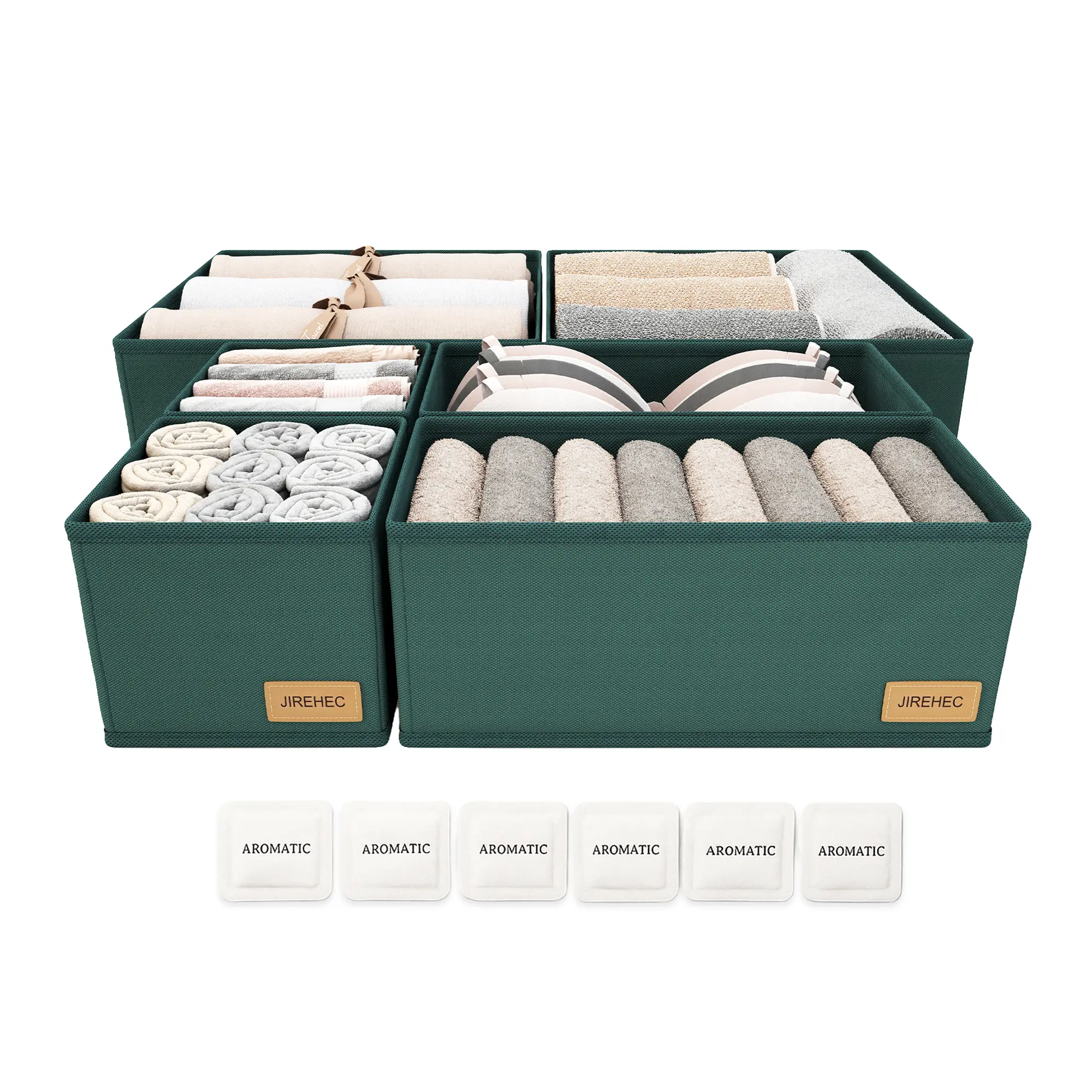 JIREH 6-Pack Clothes Drawer Organizer Storage Set - Durable Oxford Close-Fold Compartmented Drawers Storage Boxes, Multifunction Fabric Divider Bins for Underwear, Socks, Baby Clothes (Green/Cream) with Fragrance Sachets for Dresser Closet Organization