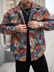 Men's Vintage Floral Tapestry Button Down Shirt Jacket - Retro Textured Casual Streetwear Shacket