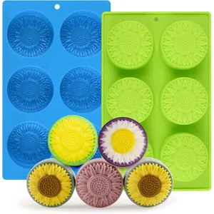 Round Sunflower Soap Molds, 2 Pack 6 Cavity Cylinder Daisy Flower Silicone Molds for Making Hot Chocolate Bomb, Cake, Jelly, Soap, Lotion Bars