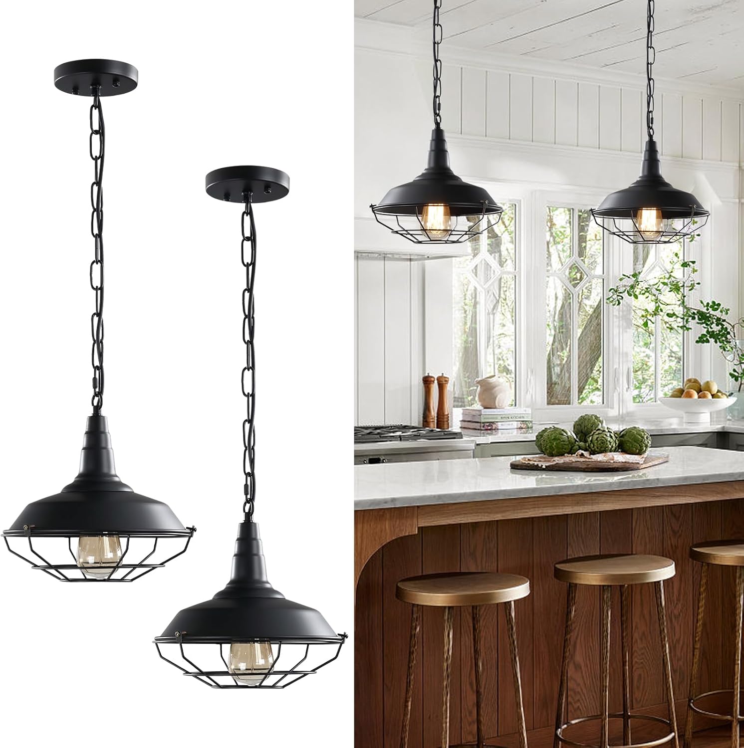 Black Farmhouse Pendant Light, 2 Pack Industrial Vintage Metal Wire Cage Hanging Light with Adjustable Chain for Kitchen Barn Hallway Porch Dining Room