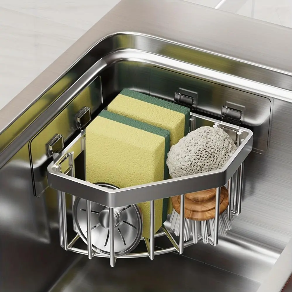 Premium Stainless Steel Kitchen Sink Organizer | Space-Saving Sponge Holder, Cleaning Supplies Drainer Rack, Hanging Faucet Drain Rack for Sponge, Brush, Towel, Scrubbers